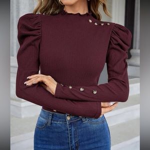 Luxe maroon button detail gigot sleeve business casual top
